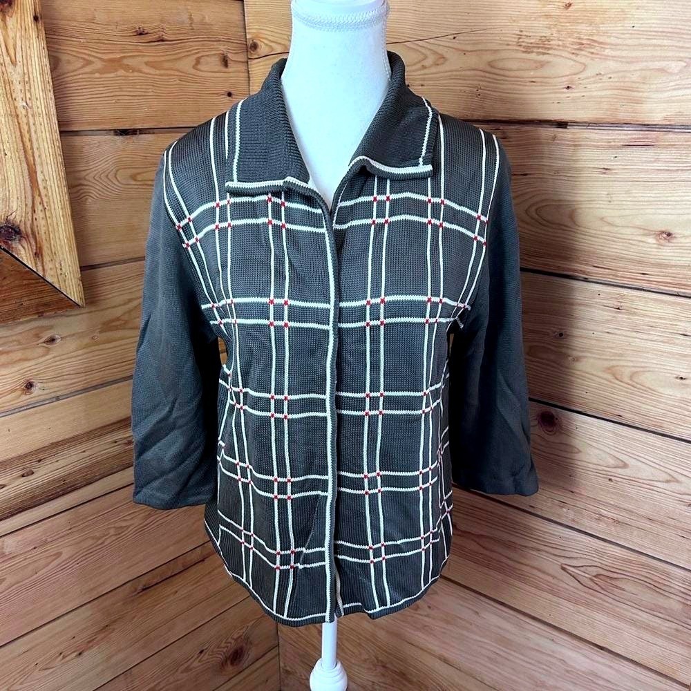 Vintage 1960's Union Made Zip Front Grid Plaid Knit Cardigan Sweater Olive Green